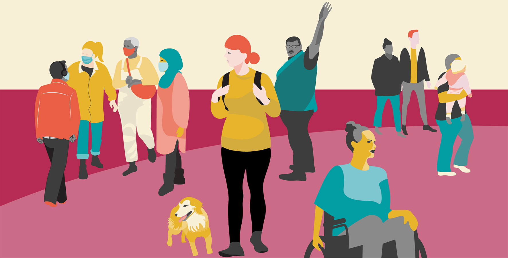 Illustration for a menu tab and header. A mixed community walk, gather, and meet.