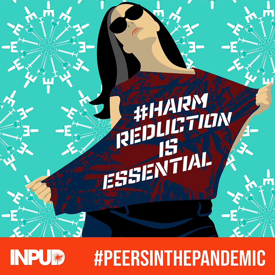 Illustration of woman wearing a Tshirt that says 'Harm Reduction Is Essential' in front of a repeat pattern of drug paraphernalia.