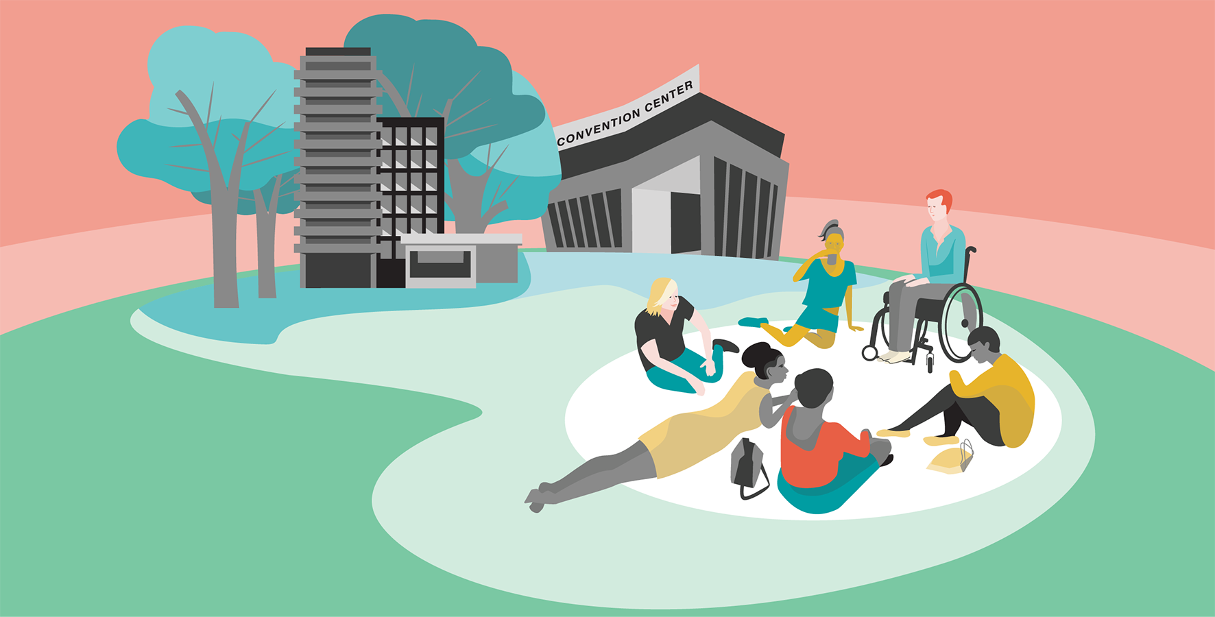 Illustration for a menu tab and header. A mixed group of people relax on park grass. One is in a wheelchair. They are organising together in front of buildings.