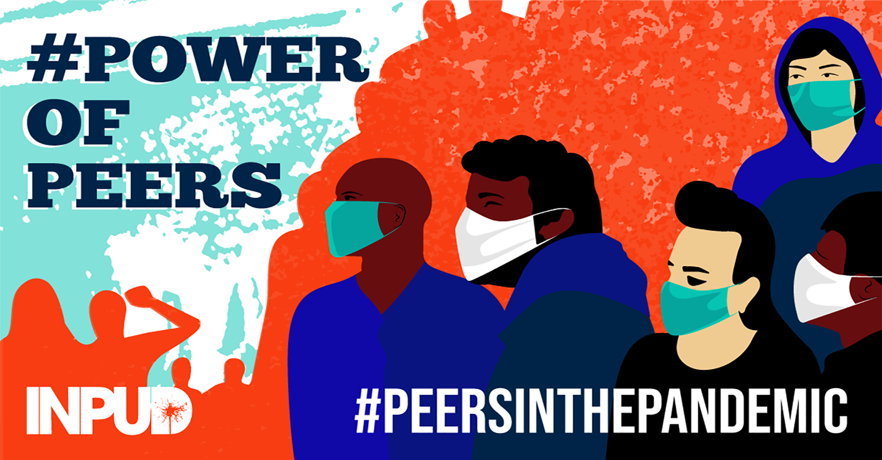 Illustration of a group of five people in front of a large gathered crowd. Each wear pandemic masks. The heading reads Power of Peers.