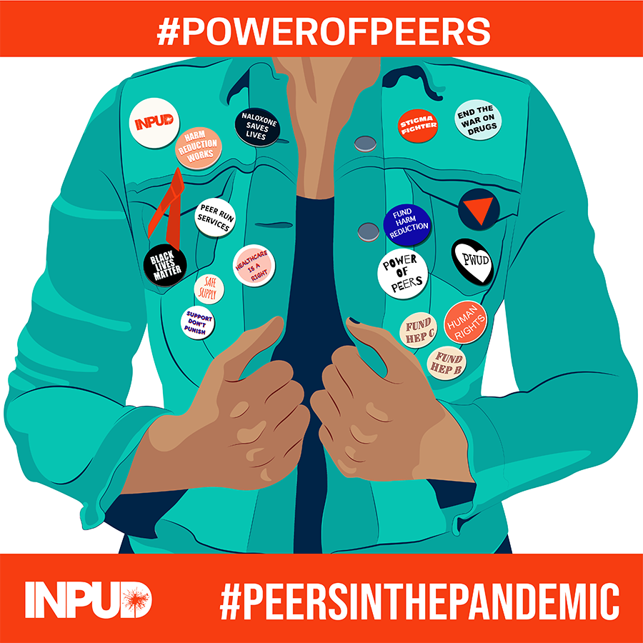 'Power of Peers' illustration of a denim jacket covered in activist badges advocating for harm reduction and peer support.