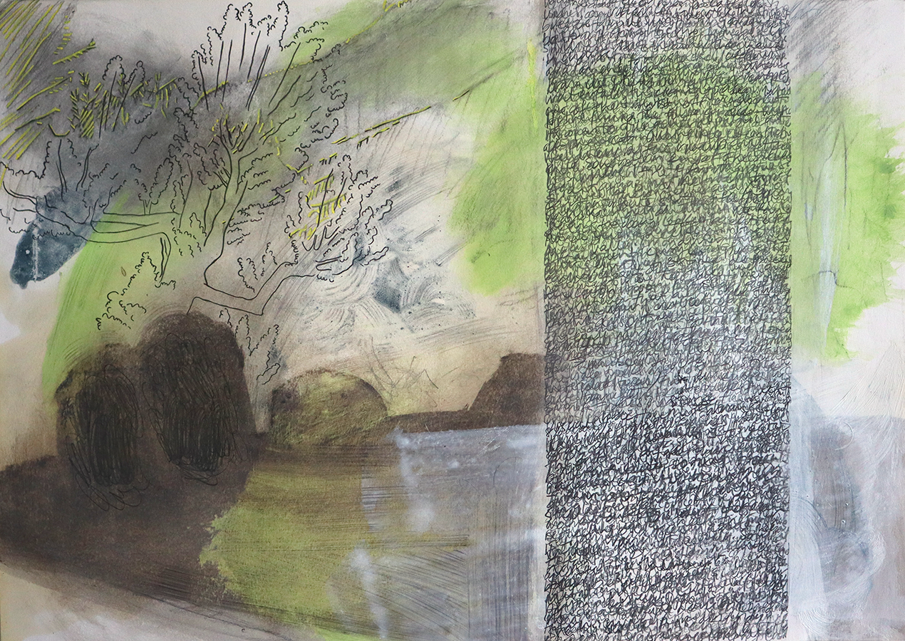 'Conversations in the Valley of Trees', (2024), Oils, pencil and graphite on paper.