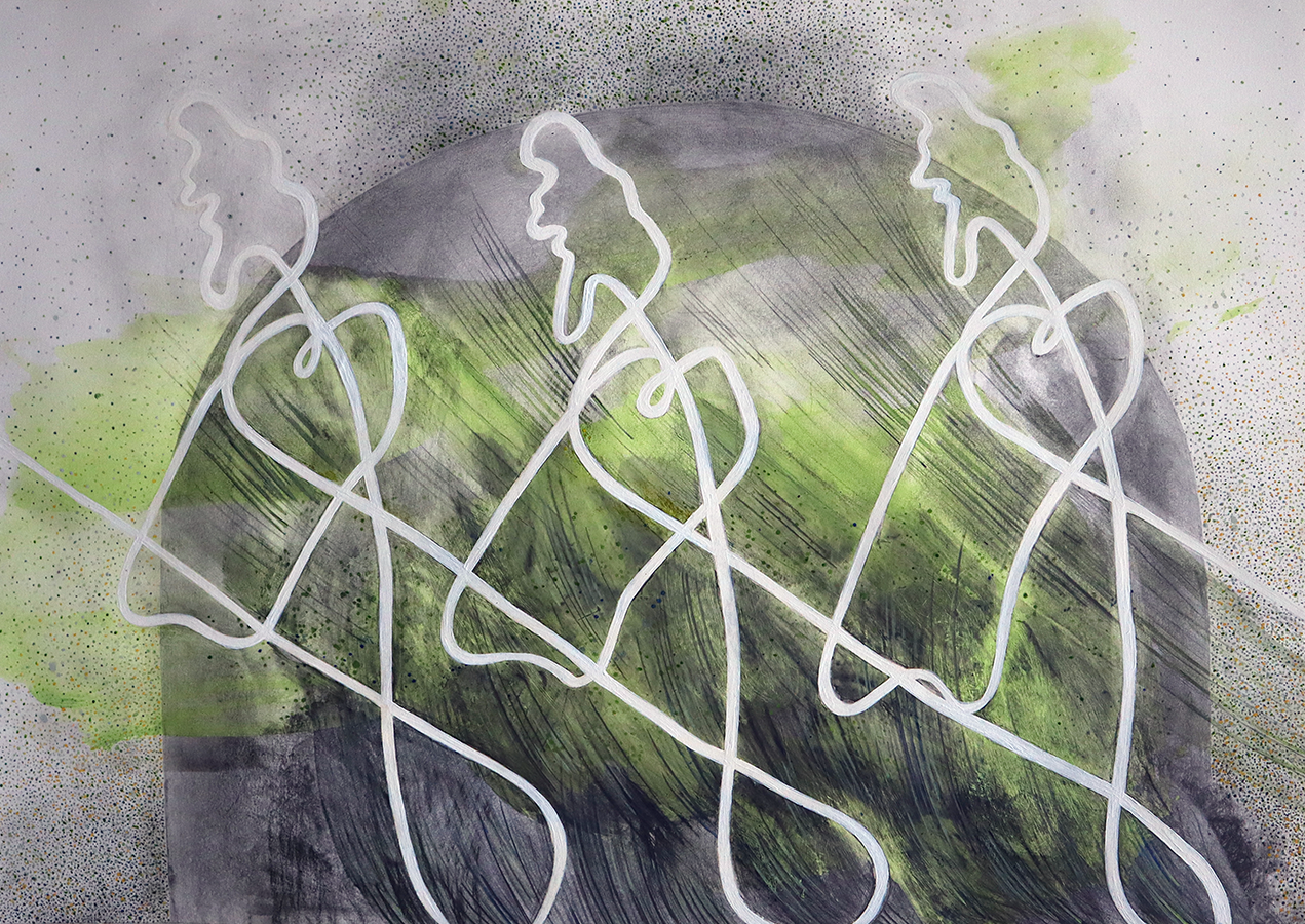 'Three Visitors', (2024), Oils, pencil and graphite on paper.